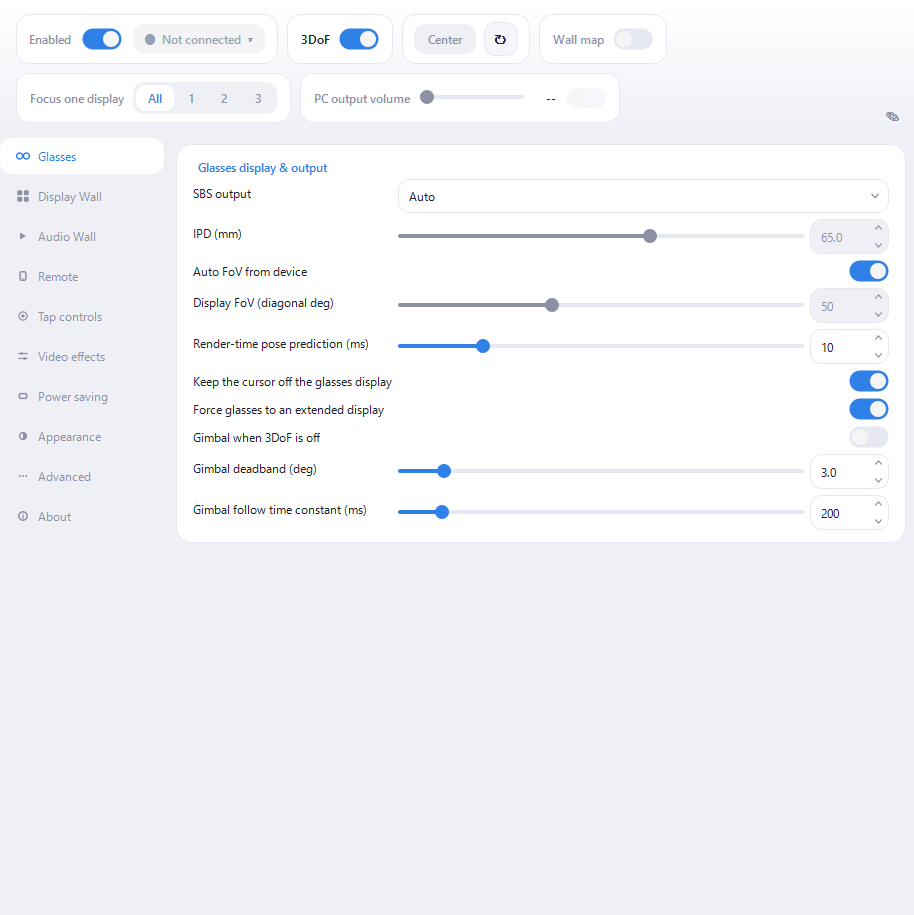 The Spatial Wall operation panel and Glasses settings