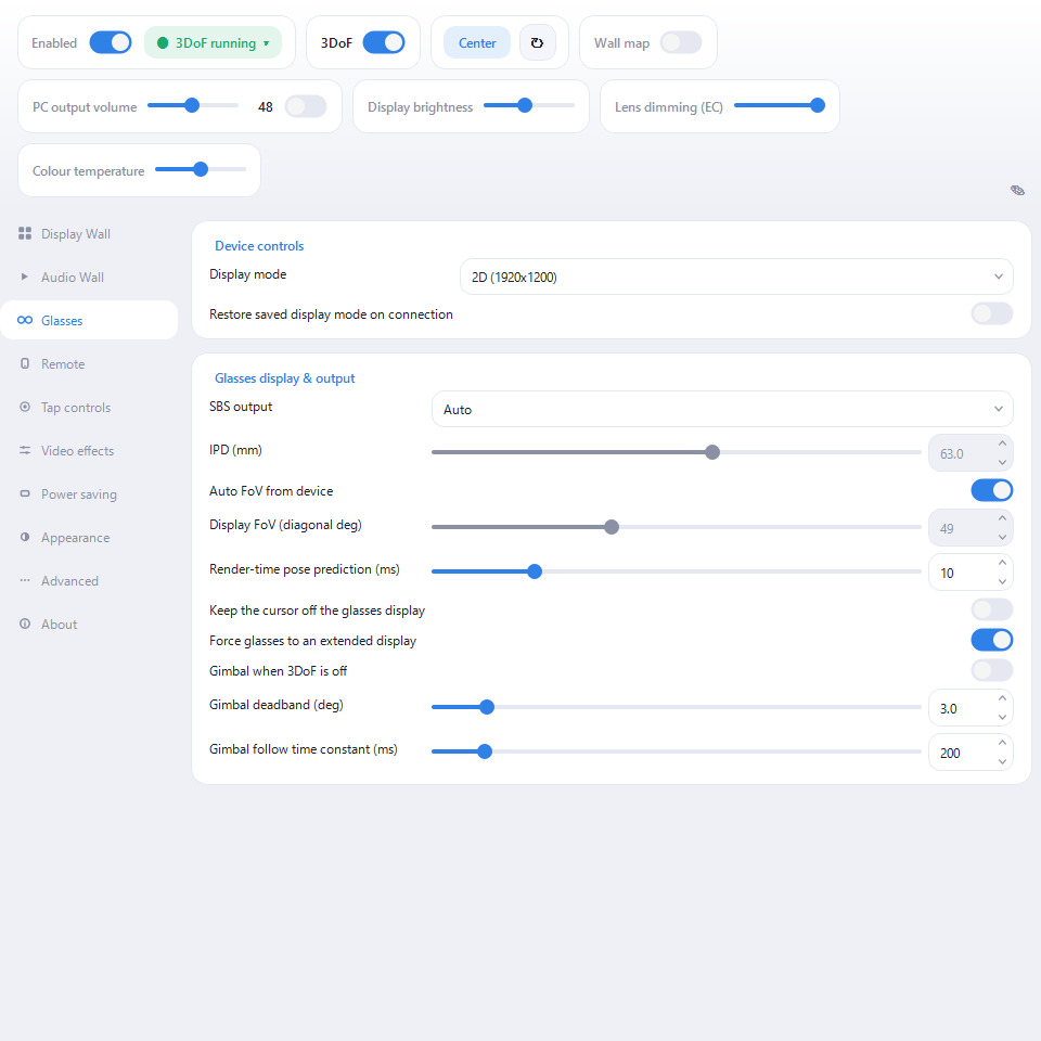 The Spatial Wall operation panel and Glasses settings